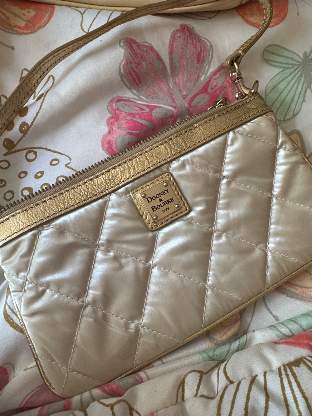 Dooney & Bourke Champagne Quilted Wristlet with Gold Trim